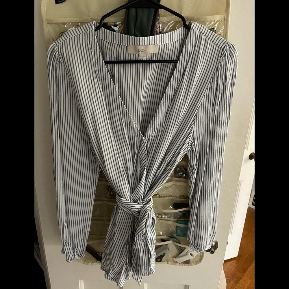 LOFT White and Navy Striped Tie-Front Blouse
